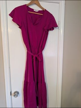 Lucky Brand Magenta Flutter-Sleeve Belted Midi Dress